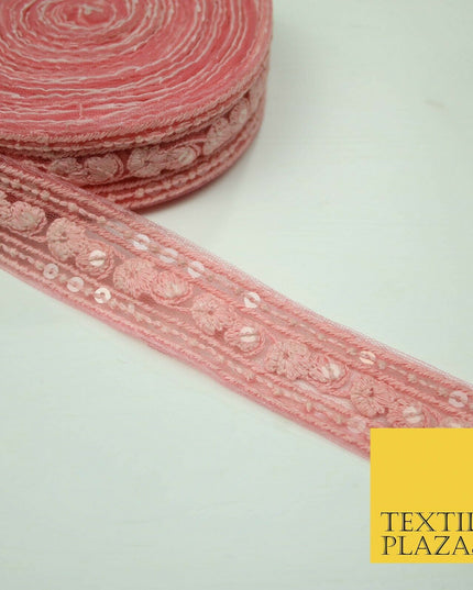 10 PASTEL COLOURS Soft Thread Floral Sequin Ribbon Trim Border Lace - Per Metre