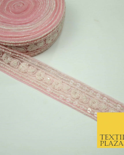 10 PASTEL COLOURS Soft Thread Floral Sequin Ribbon Trim Border Lace - Per Metre