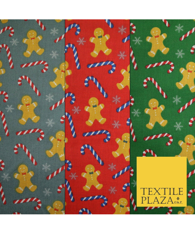 Festive Gingerbread Men Candy Cane Snow Christmas Printed Polycotton Fabric 45"