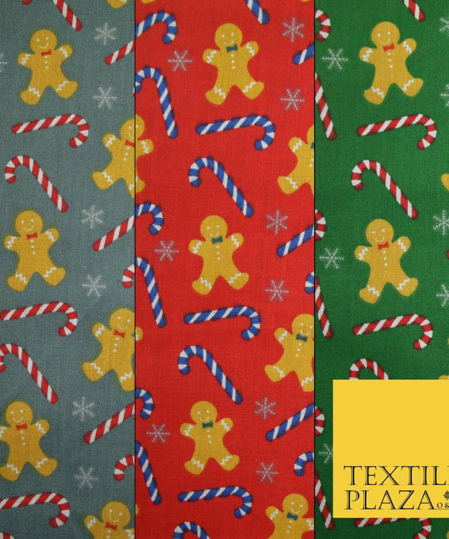 Festive Gingerbread Men Candy Cane Snow Christmas Printed Polycotton Fabric 45"