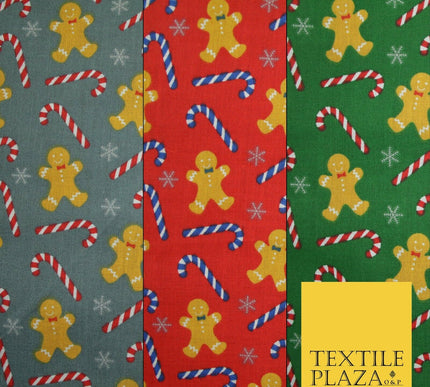 Festive Gingerbread Men Candy Cane Snow Christmas Printed Polycotton Fabric 45"