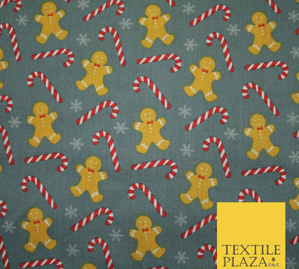 Festive Gingerbread Men Candy Cane Snow Christmas Printed Polycotton Fabric 45"