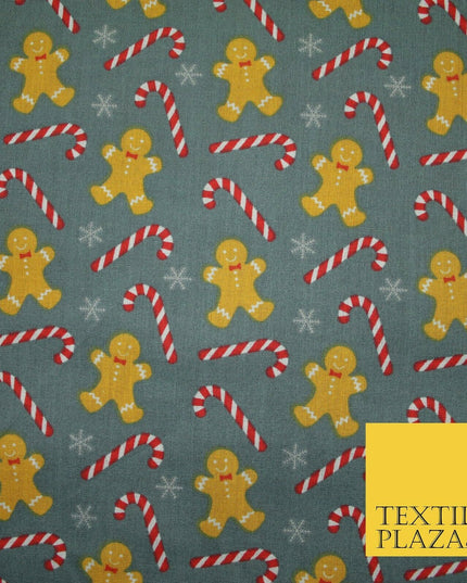 Festive Gingerbread Men Candy Cane Snow Christmas Printed Polycotton Fabric 45"