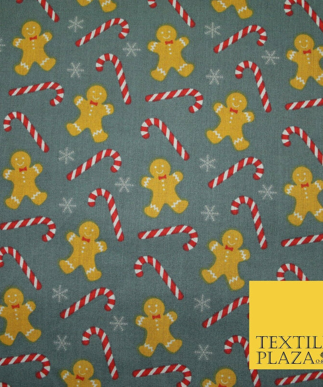 Festive Gingerbread Men Candy Cane Snow Christmas Printed Polycotton Fabric 45"