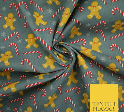 Festive Gingerbread Men Candy Cane Snow Christmas Printed Polycotton Fabric 45"