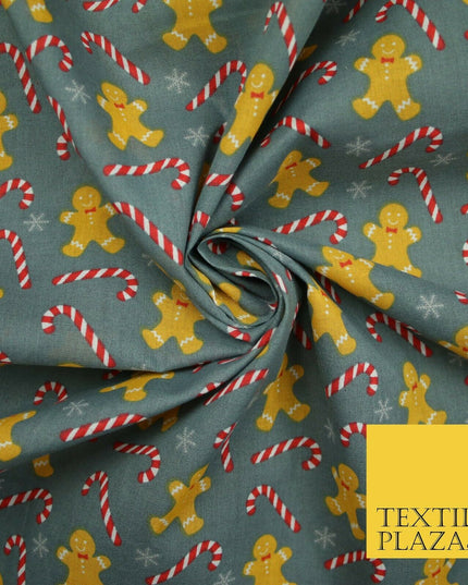 Festive Gingerbread Men Candy Cane Snow Christmas Printed Polycotton Fabric 45"