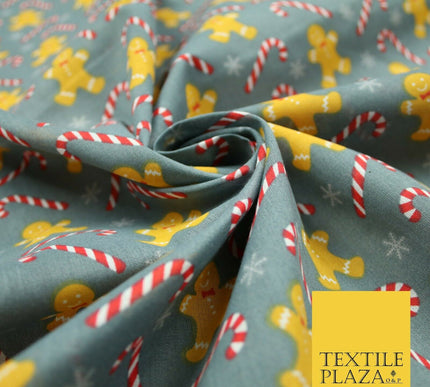 Festive Gingerbread Men Candy Cane Snow Christmas Printed Polycotton Fabric 45"