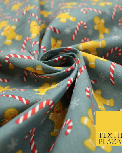 Festive Gingerbread Men Candy Cane Snow Christmas Printed Polycotton Fabric 45"
