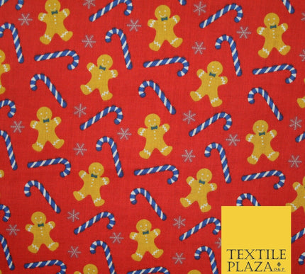 Festive Gingerbread Men Candy Cane Snow Christmas Printed Polycotton Fabric 45"