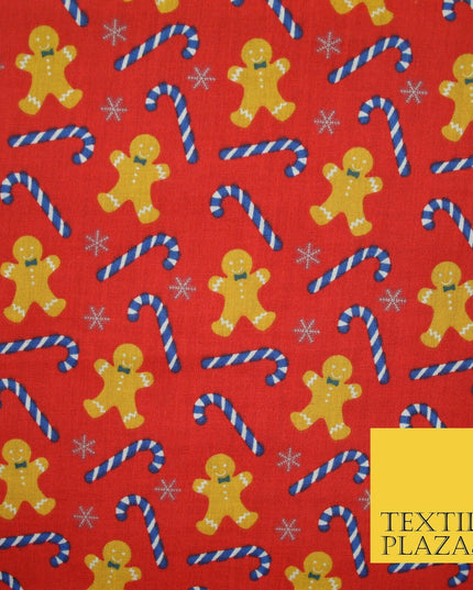 Festive Gingerbread Men Candy Cane Snow Christmas Printed Polycotton Fabric 45"