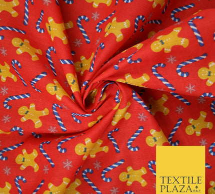 Festive Gingerbread Men Candy Cane Snow Christmas Printed Polycotton Fabric 45"