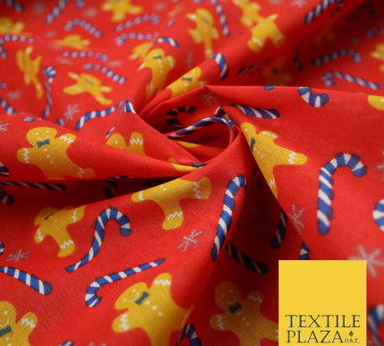 Festive Gingerbread Men Candy Cane Snow Christmas Printed Polycotton Fabric 45"