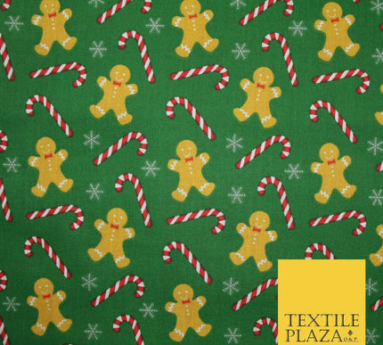 Festive Gingerbread Men Candy Cane Snow Christmas Printed Polycotton Fabric 45"