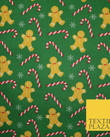 Festive Gingerbread Men Candy Cane Snow Christmas Printed Polycotton Fabric 45"