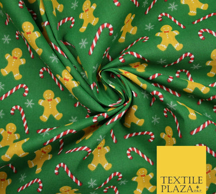 Festive Gingerbread Men Candy Cane Snow Christmas Printed Polycotton Fabric 45"