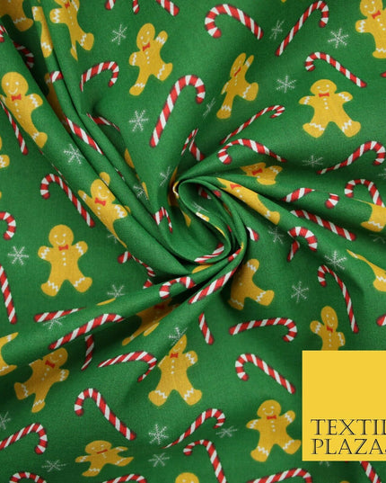Festive Gingerbread Men Candy Cane Snow Christmas Printed Polycotton Fabric 45"