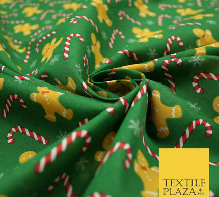 Festive Gingerbread Men Candy Cane Snow Christmas Printed Polycotton Fabric 45"