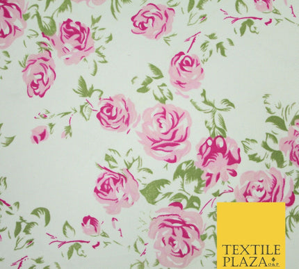 Premium White Pink Floral Flower Soft Printed Stretch Jersey Scuba Fabric 6112