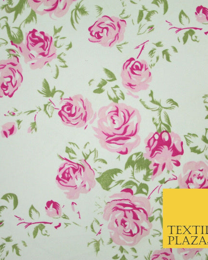 Premium White Pink Floral Flower Soft Printed Stretch Jersey Scuba Fabric 6112