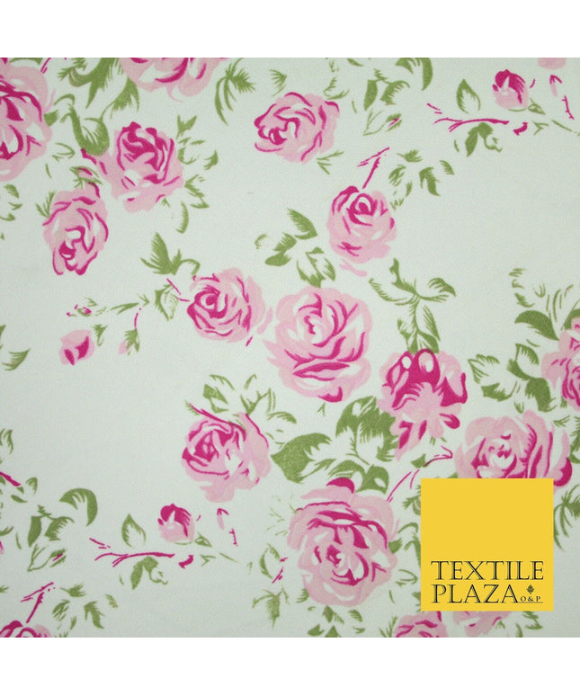 Premium White Pink Floral Flower Soft Printed Stretch Jersey Scuba Fabric 6112