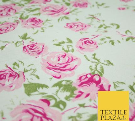 Premium White Pink Floral Flower Soft Printed Stretch Jersey Scuba Fabric 6112