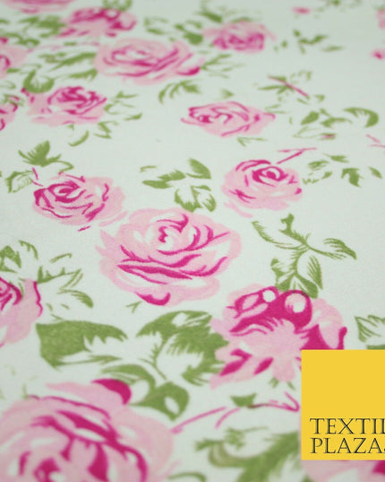 Premium White Pink Floral Flower Soft Printed Stretch Jersey Scuba Fabric 6112