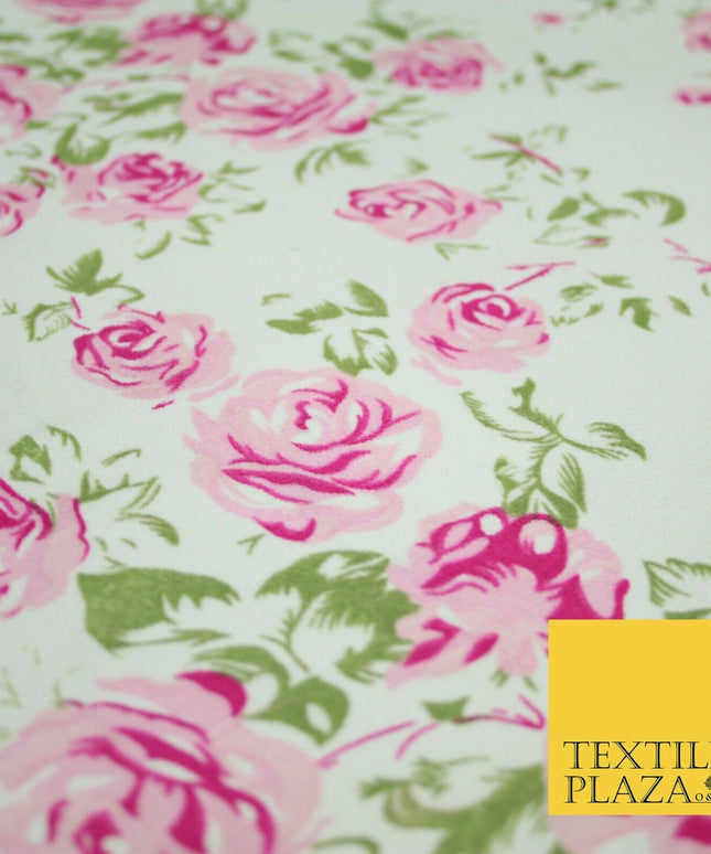 Premium White Pink Floral Flower Soft Printed Stretch Jersey Scuba Fabric 6112