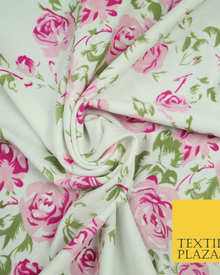 Premium White Pink Floral Flower Soft Printed Stretch Jersey Scuba Fabric 6112