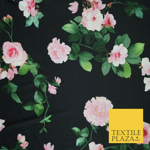 High Quality Black / Pink Floral Print Scuba Crepe Fabric Stretch Jersey 6358