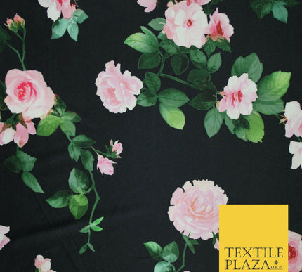 High Quality Black / Pink Floral Print Scuba Crepe Fabric Stretch Jersey 6358