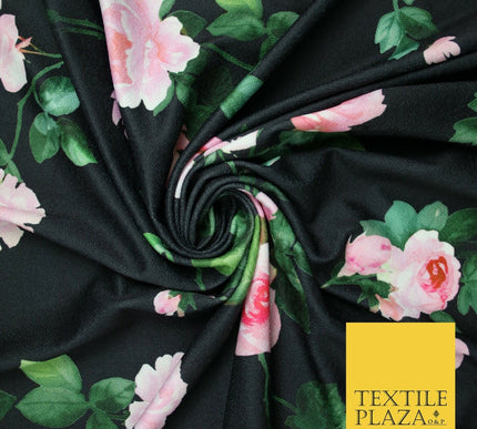 High Quality Black / Pink Floral Print Scuba Crepe Fabric Stretch Jersey 6358