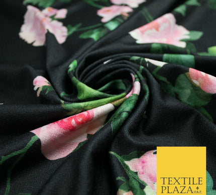 High Quality Black / Pink Floral Print Scuba Crepe Fabric Stretch Jersey 6358