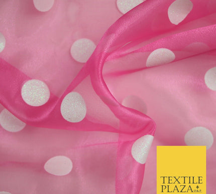PINK / WHITE 1" SPOT Polka Dot Glitter Organdi Organza Fabric - 60" - 6355