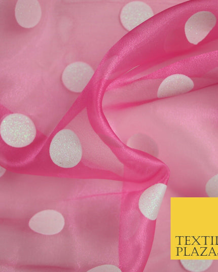PINK / WHITE 1" SPOT Polka Dot Glitter Organdi Organza Fabric - 60" - 6355