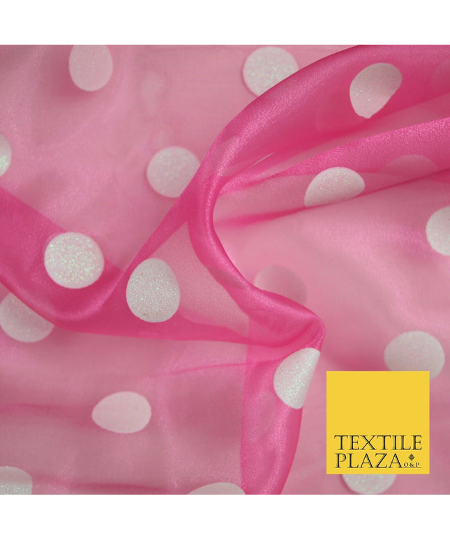 PINK / WHITE 1" SPOT Polka Dot Glitter Organdi Organza Fabric - 60" - 6355