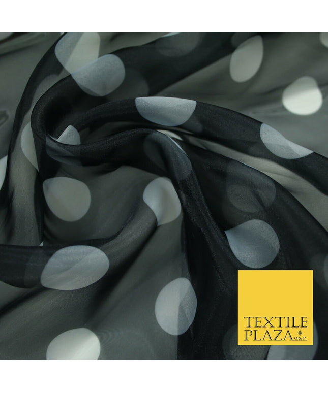 BLACK / WHITE 1" SPOT Polka Dot Organdi Organza Fabric - 60" - 6357