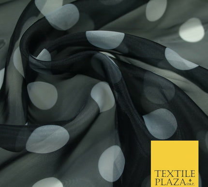 BLACK / WHITE 1" SPOT Polka Dot Organdi Organza Fabric - 60" - 6357