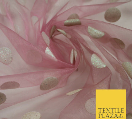 DUSTY PINK / WHITE 1" SPOT Polka Dot Glitter Organdi Organza Fabric - 60" - 6356