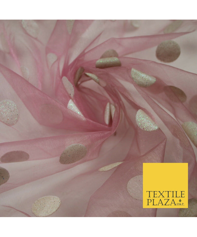 DUSTY PINK / WHITE 1" SPOT Polka Dot Glitter Organdi Organza Fabric - 60" - 6356