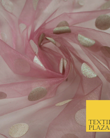 DUSTY PINK / WHITE 1" SPOT Polka Dot Glitter Organdi Organza Fabric - 60" - 6356