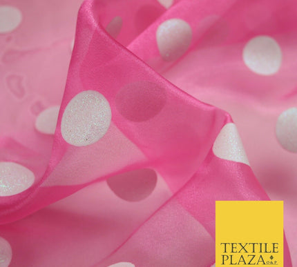 PINK / WHITE 1" SPOT Polka Dot Glitter Organdi Organza Fabric - 60" - 6355