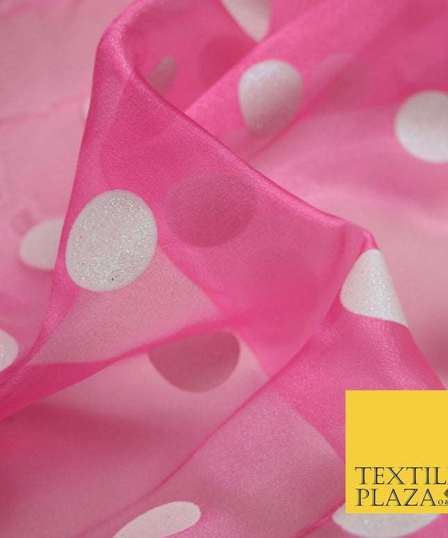 PINK / WHITE 1" SPOT Polka Dot Glitter Organdi Organza Fabric - 60" - 6355