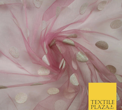 DUSTY PINK / WHITE 1" SPOT Polka Dot Glitter Organdi Organza Fabric - 60" - 6356