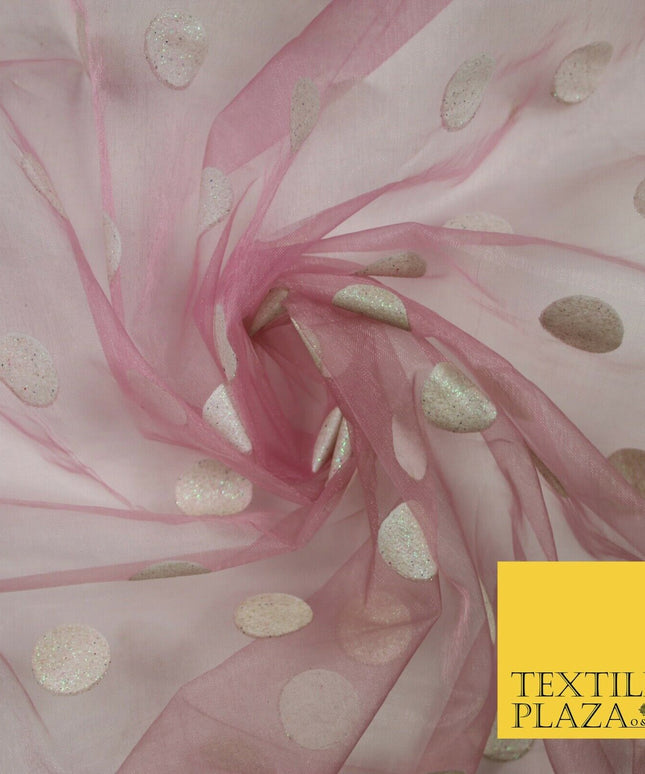 DUSTY PINK / WHITE 1" SPOT Polka Dot Glitter Organdi Organza Fabric - 60" - 6356