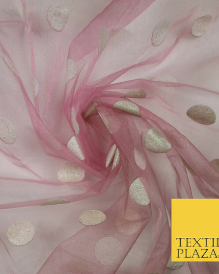 DUSTY PINK / WHITE 1" SPOT Polka Dot Glitter Organdi Organza Fabric - 60" - 6356
