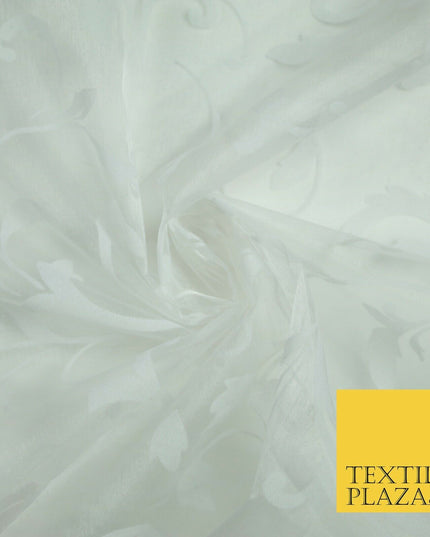 White / Silver Ornate Swirl Organdi Organza Fabric - 100% Nylon - 60" - 6354