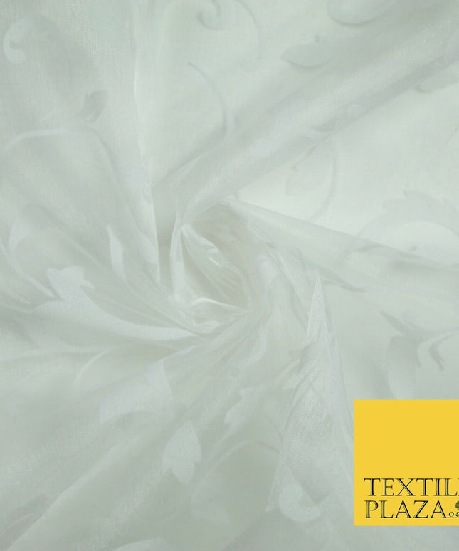 White / Silver Ornate Swirl Organdi Organza Fabric - 100% Nylon - 60" - 6354