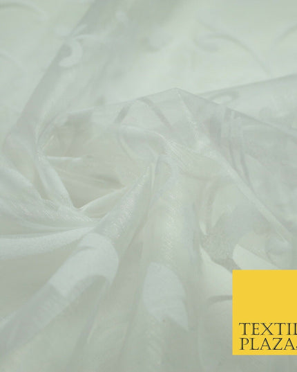 White / Silver Ornate Swirl Organdi Organza Fabric - 100% Nylon - 60" - 6354