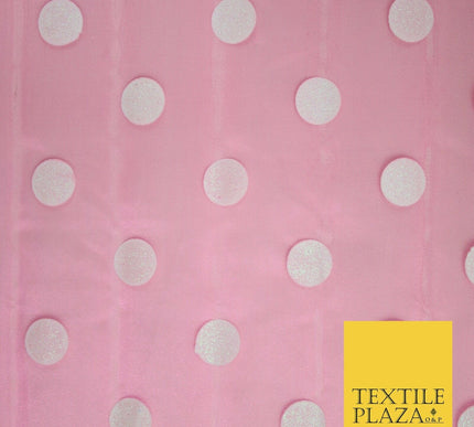 PINK / WHITE 1" SPOT Polka Dot Glitter Organdi Organza Fabric - 60" - 6355