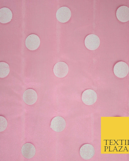 PINK / WHITE 1" SPOT Polka Dot Glitter Organdi Organza Fabric - 60" - 6355